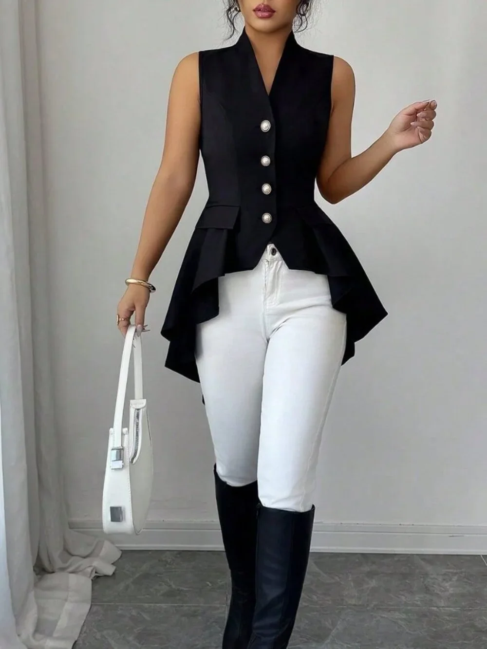 Black V-Neck Sleeveless Women's Cinched Waist Asymmetric Flared Hem Jacket